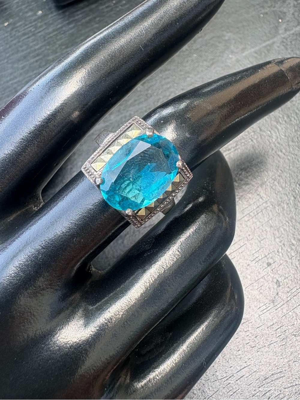 Sterling Silver Statement Ring with Blue Gemstone - Size 7.5
